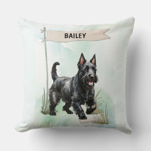 Scottish Terrier Watercolor Personalized Dog クッション (正面)