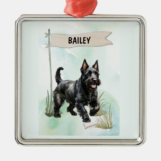 Scottish Terrier Watercolor Personalized Dog メタルオーナメント (正面)