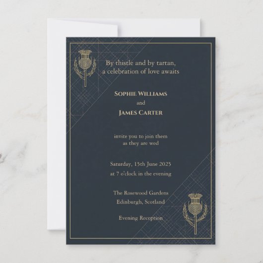 Scottish Thistle Tartan Navy Gold Evening Invitati 招待状 (正面)