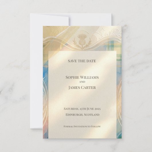 Scottish Thistle Tartan Save the Date | ゴールドエンブレム セーブザデート (正面)