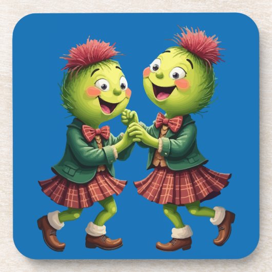 Scottish Thistles Wearing Plaid Dancing Ceilidh コースター (正面)