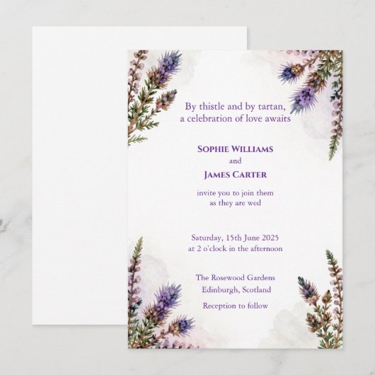 Scottish Watercolour Thistle Wedding Invitation 招待状 (正面/裏面)