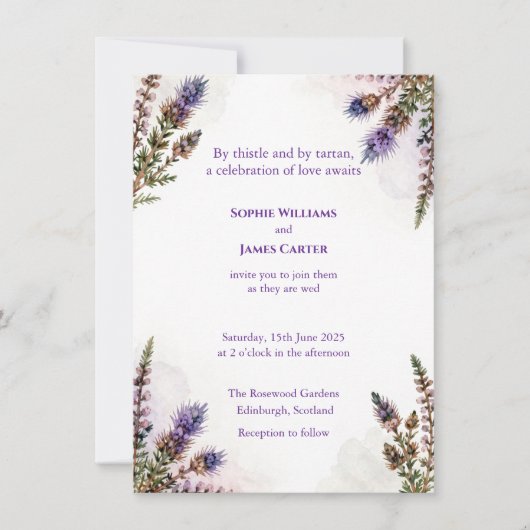 Scottish Watercolour Thistle Wedding Invitation 招待状 (正面)