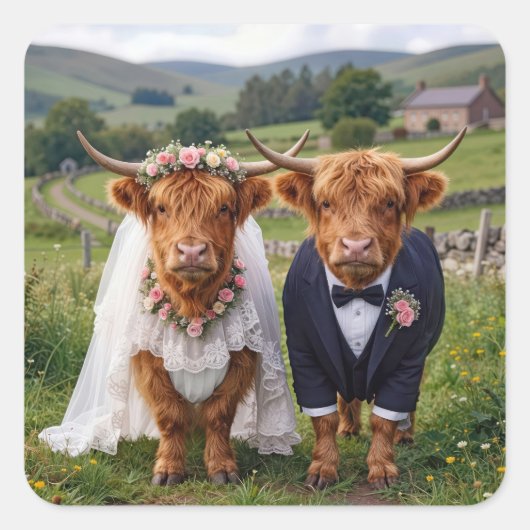 Scottish Wedding Highland Cows スクエアシール (正面)