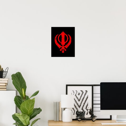 Scratched Red Sikh Khanda Symbol on Black ポスター (ホームオフィス)