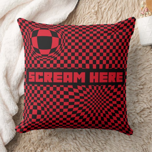 Scream Here | 赤い市松模様のオプティカルイリュージョンスロー クッション (ブランケット)