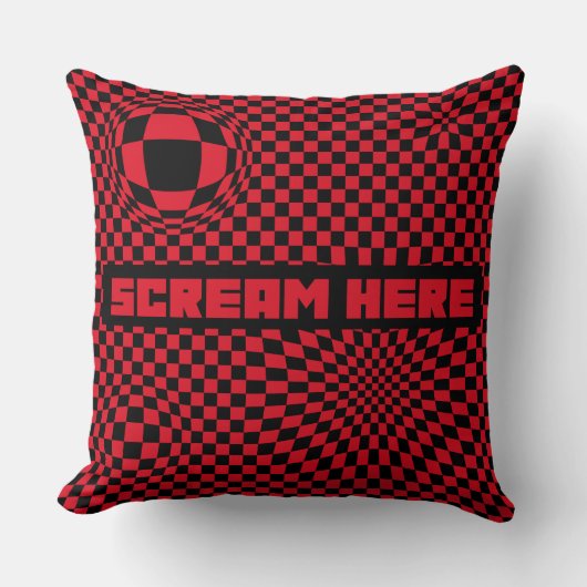 Scream Here | 赤い市松模様のオプティカルイリュージョンスロー クッション (正面)