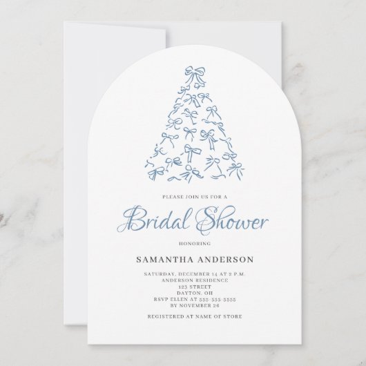 Scribble Blue Bow Christmas Tree Bridal Shower 招待状 (正面)