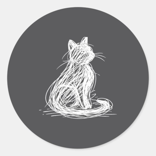Scribble Cat Minimal Line Art Japanese  ラウンドシール (正面)