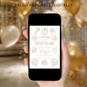 Scribble Doodles Gold Cheers to New Year Party 招待状