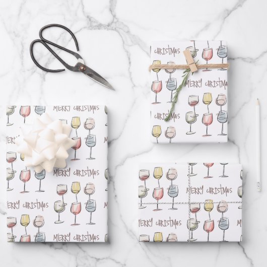 Scribbly doodle wine glass pattern Merry Christmas ラッピングペーパーシート (正面)