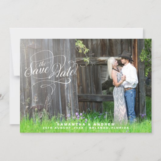 Scriptお洒落の結婚写真の日付の保存 マグネット招待状 (正面)