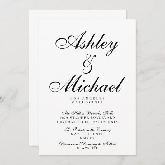 SCRIPTエレガントタイポグラフィ白黒結婚の 招待状 (正面/裏面)
