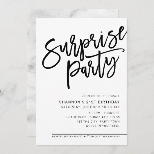 SCRIPTサプライズモダンバースデーパーティー白黒 招待状 (正面/裏面)