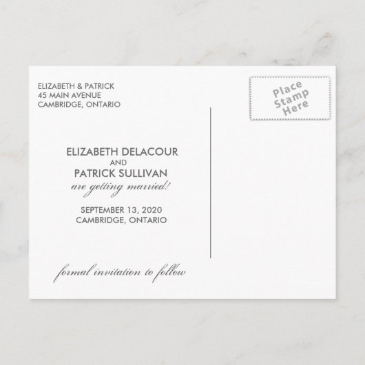 Script お洒落Save The Date Photo Cardはがきを 案内ポストカード (裏面)