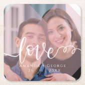 Script かわいらし LOVEパステルピンク結婚写真 スクエアペーパーコースター (正面)