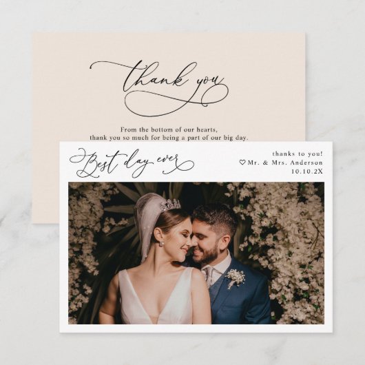 Script エレガント Boho Neutral赤面の結婚写真 サンキューカード (正面/裏面)