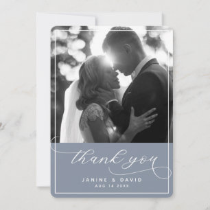 Script エレガント Dusty Blueのモダン結婚写真 サンキューカード