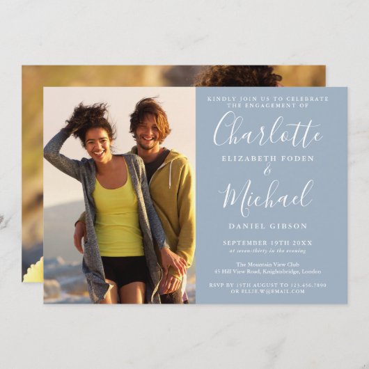 Script エレガント Dusty Blue 2フォト婚約パーティ 招待状 (正面/裏面)