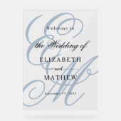 Script エレガント Dusty Blue Monogramの結婚歓迎 アクリルサイン (正面)