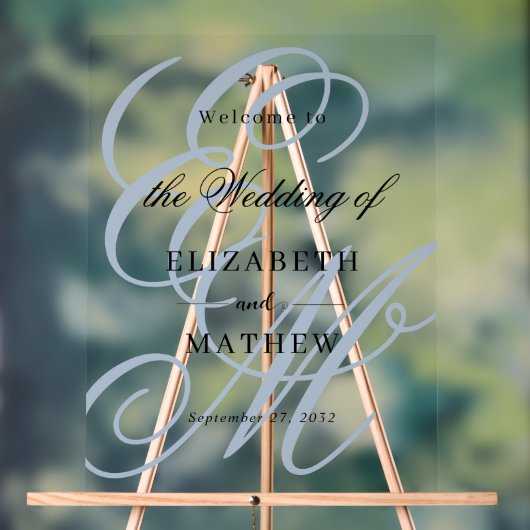 Script エレガント Dusty Blue Monogramの結婚歓迎 アクリルサイン (ニュートラル)