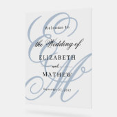 Script エレガント Dusty Blue Monogramの結婚歓迎 アクリルサイン (傾斜)