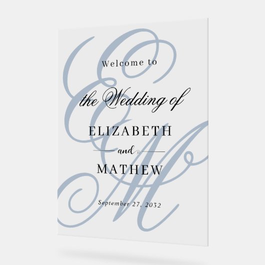 Script エレガント Dusty Blue Monogramの結婚歓迎 アクリルサイン (傾斜)