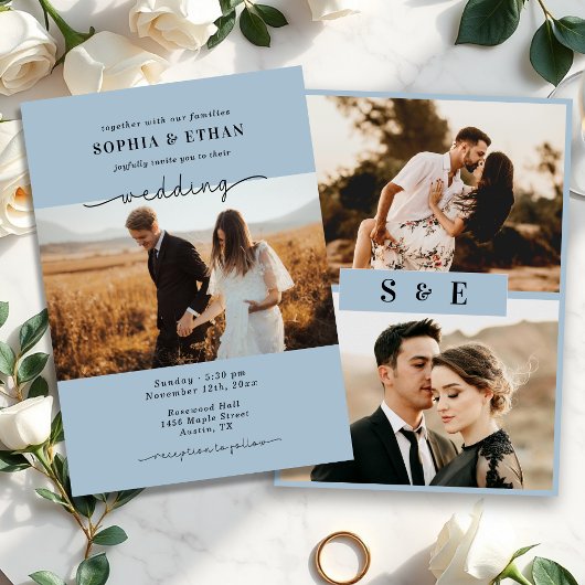 Script エレガント Dusty Blue Photo結婚's 招待状