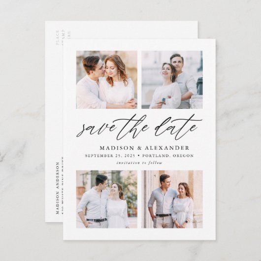 Script エレガント Four Photo Collage日付の保存 案内ポストカード (正面/裏面)
