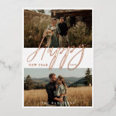 Script エレガント Happy New Yearカップルミニマル写真 箔シーズンカード (正面)