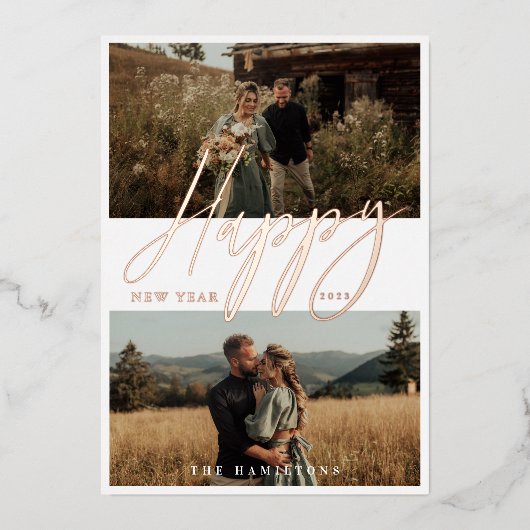 Script エレガント Happy New Yearカップルミニマル写真 箔シーズンカード (正面)