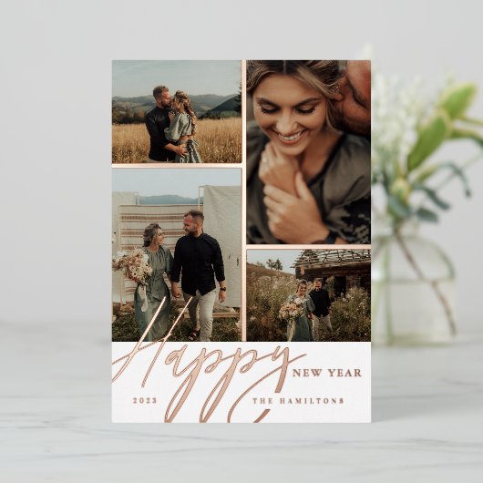 Script エレガント Happy New Yearフォトグミニマルリッド 箔シーズンカード (立ち正面)