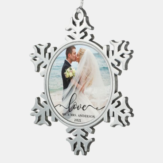 Script エレガント Loveの結婚写真夫妻 スノーフレークピューターオーナメント (右)