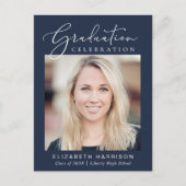 Script エレガント Photo Blue卒業パーティー インビテーションポストカード (正面)