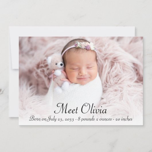 Script エレガント Statsフォトコラージュ赤ちゃん女の子誕生 案内状 (正面)