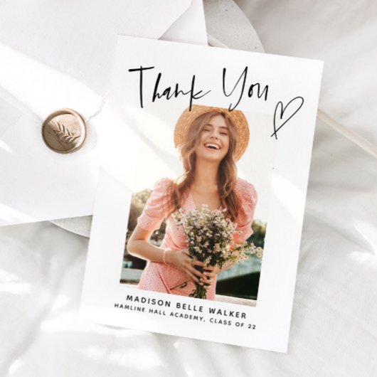 Script カジュアル Graduation Photoありがとうハート サンキューカード