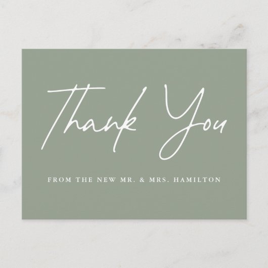 Script カジュアル Sage Greenの結婚感謝 ポストカード (正面)