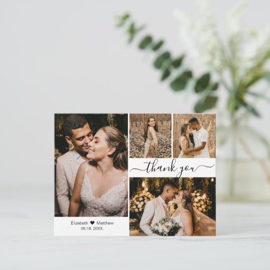 Script スタイリッシュ結婚の4枚のコラージュありがとう ポストカード (スタンド正面)