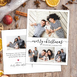 Script スタイリッシュ Collage Family Photosクリスマス ポストカード<br><div class="desc">ミニマスタイリッシュリスト、書エレガント道ブラックとホワイト4写真コラージュ"メリークリスマス"スクリプト休日クリスマスポストカード。このフェスティバルシンプル、4枚のフォト・ホリデー・カードのテンプレートはフォトコラージュを特徴かわいらしとし、「メリー・クリスマス」と言う！「メリークリスマス」の挨拶文字は書、白い色の背景に黒い手札ですお洒落渦巻形の、しわの尾のフォントタイプの美しい文字で示されている。あなたの挨拶メッセージテンプレートと反対側に小さなハートドードルと1つの水平写真テンプレート。クリスマスかわいらし休暇の季節にあなたの家族と友人のためのグリーティングハガキ。</div>