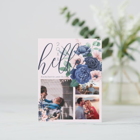 Script スタイリッシュ Hello New Yearフローラ3枚の写真 ポストカード (スタンド正面)