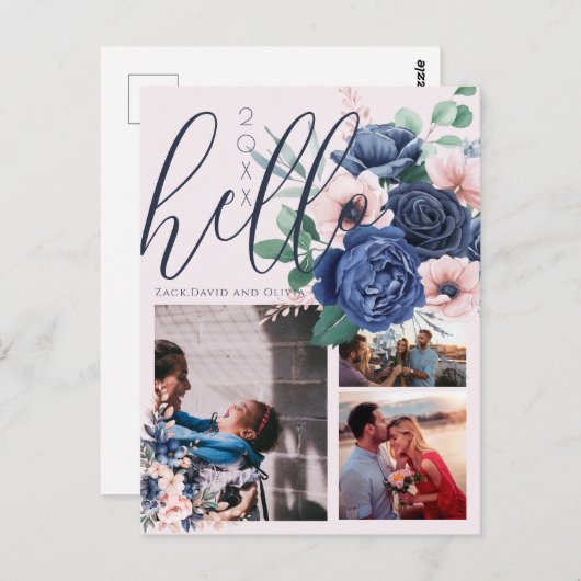 Script スタイリッシュ Hello New Yearフローラ3枚の写真 ポストカード (正面/裏面)