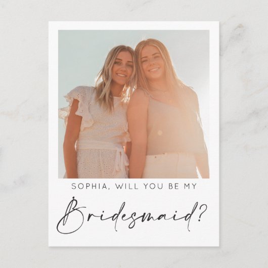 Script ミニマル Bridesmaid Proposal Card with Photo ポストカード (正面)