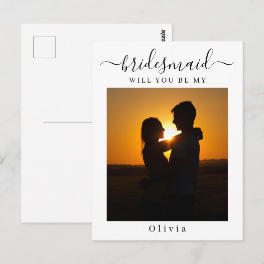 Script ミニマル Bridesmaid Proposal Card with Photo ポストカード (正面/裏面)