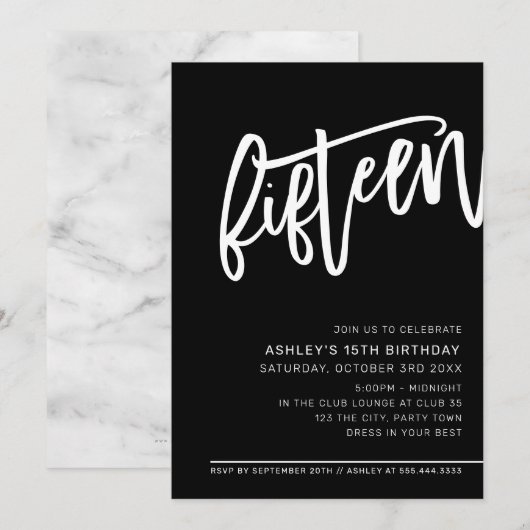 SCRIPT モダン 15th birthday party白黒 招待状 (正面/裏面)