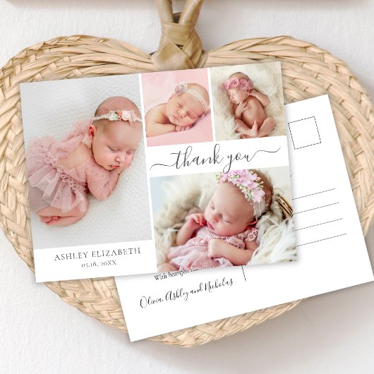 Script モダン 4フォトコラージュベビーありがとう ポストカード