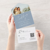 Script モダン Dusty Blue Photo QRコード結婚s オールインワン招待状 (貼ってはがせる)