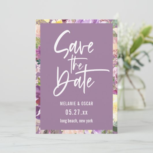 Script モダン Dusty Lavender Photo Save The Date 案内状 (スタンド正面)