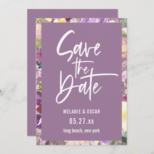 Script モダン Dusty Lavender Photo Save The Date 案内状 (正面/裏面)