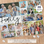Script モダン FAMILY 16フォトコラージュ ジグソーパズル<br><div class="desc">スクリプトタイポグラフィにFAMILYというタイトルを付けモダン、文字と背景色の選択にパーソナライズされたは家族の名前を付けてフォトメモリパズルを作成する（白のグレーで表示）。この簡単ーからアップロードするフォトのコラージュテンプレートは、様々な形状とサイズの16写真を有する。アシスタンス：救済デザインの変更やカスタマイズ、色の変更や別の製品へのデザインの転送に関しては、下のZazzleチャットメッセージタブを介してデザイザBEFORE ORDERINGまたは電子メールmakeitaboutyoustore@gmail.comを介して。</div>