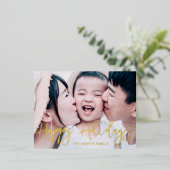 Script モダン Happy Holidays写真 箔シーズンポストカード (立ち正面)